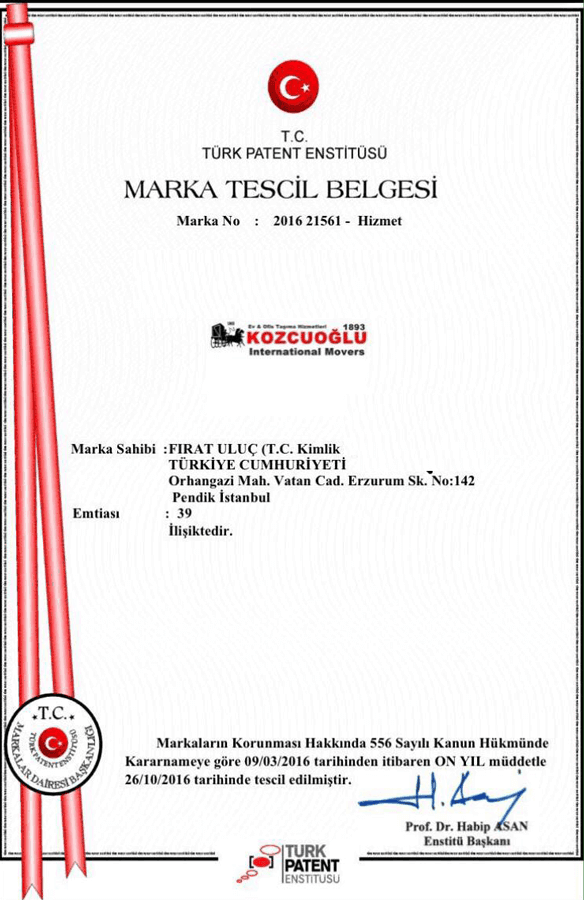 Kozcuoğlu evden eve nakliyat Marka Patent Belgesi