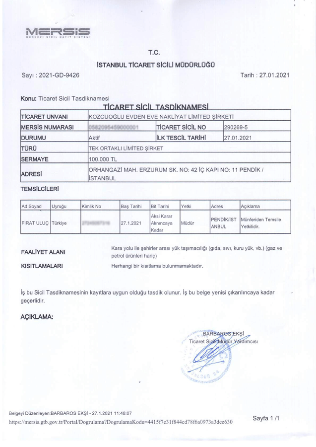 Kozcuoğlu evden eve nakliyat ticaret sicil tasdiknamesi