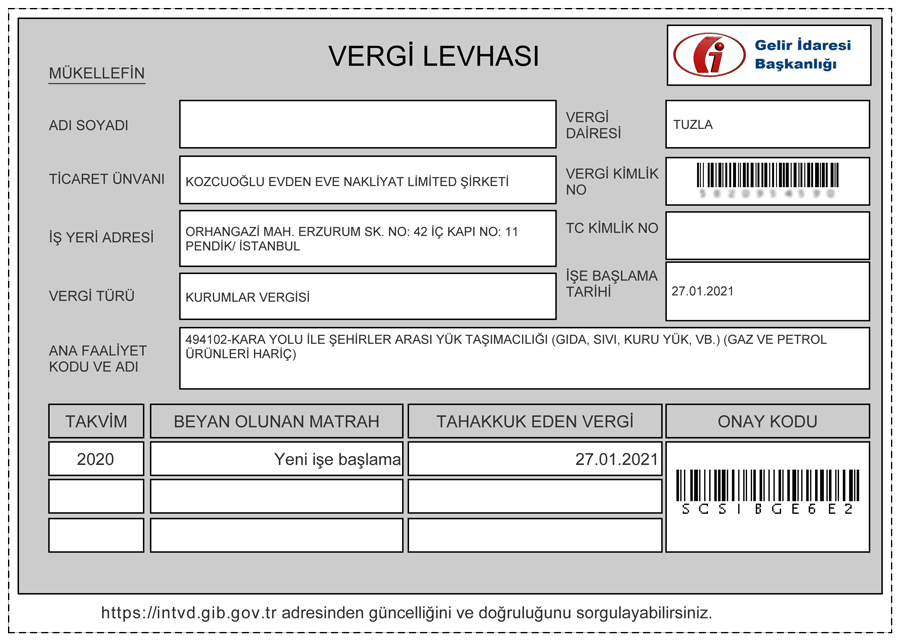 Vergi levhası Kozcuoğlu evden eve nakliyat